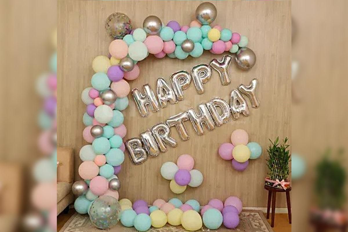 Pastel Balloons with Silver Happy Birthday Foil Balloons.