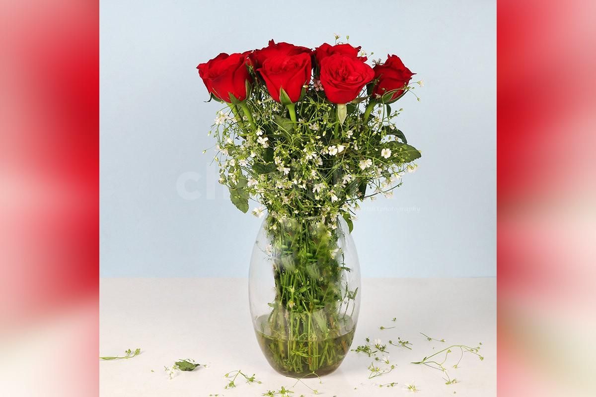 12 red roses in glass vase