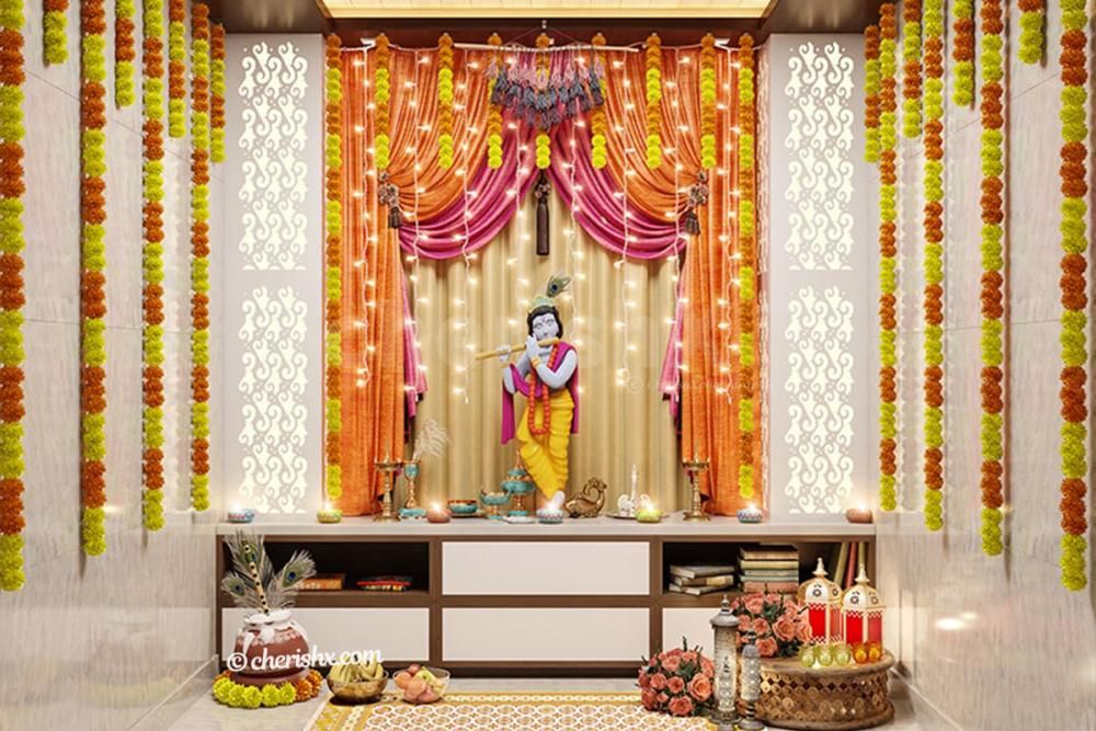 Marigold Theme Fabric Draped Backdrop for the Lord's Statue.