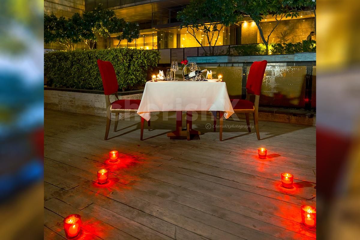 Beautiful poolside dinner at Leela Shahdara