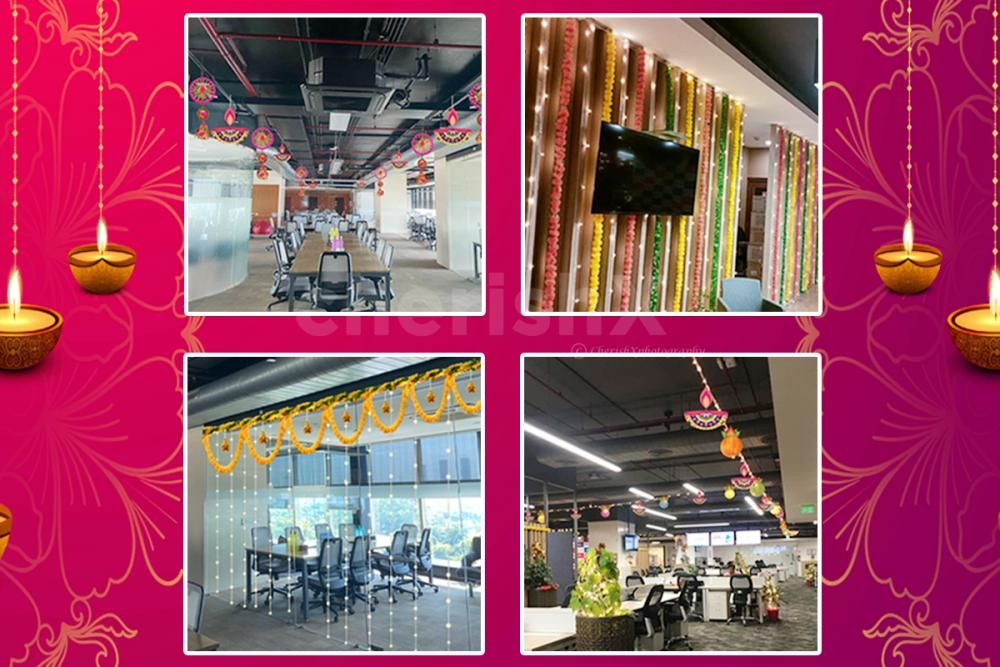 Diwali vibes in full swing with lights, colors, and festive corners around the office.