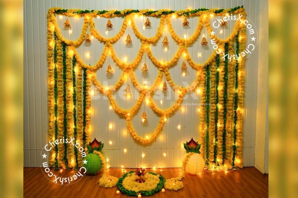Yellow And Green Garlands Haldi And Mehndi Decor