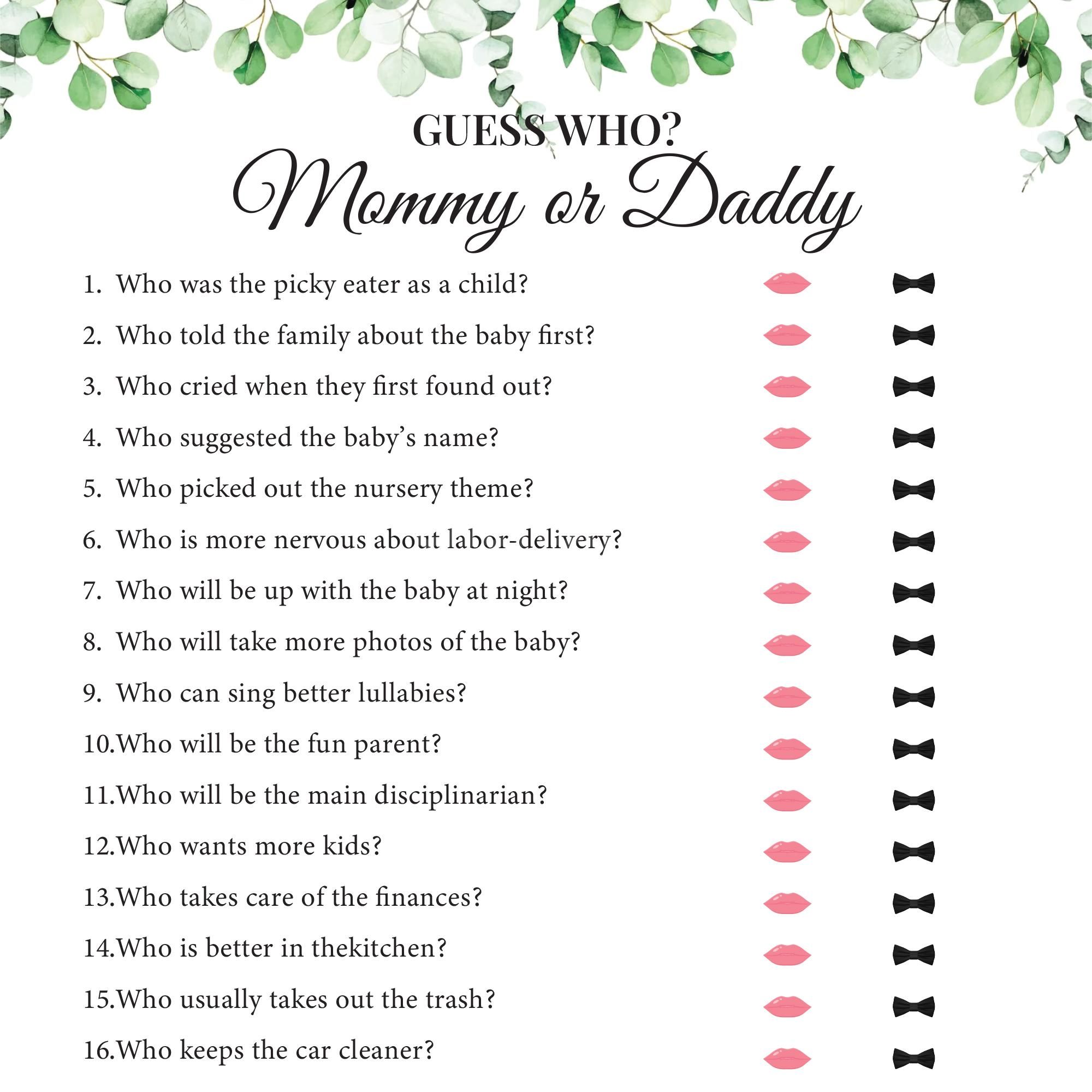 Guess who mommy or daddy baby shower game ideas funny