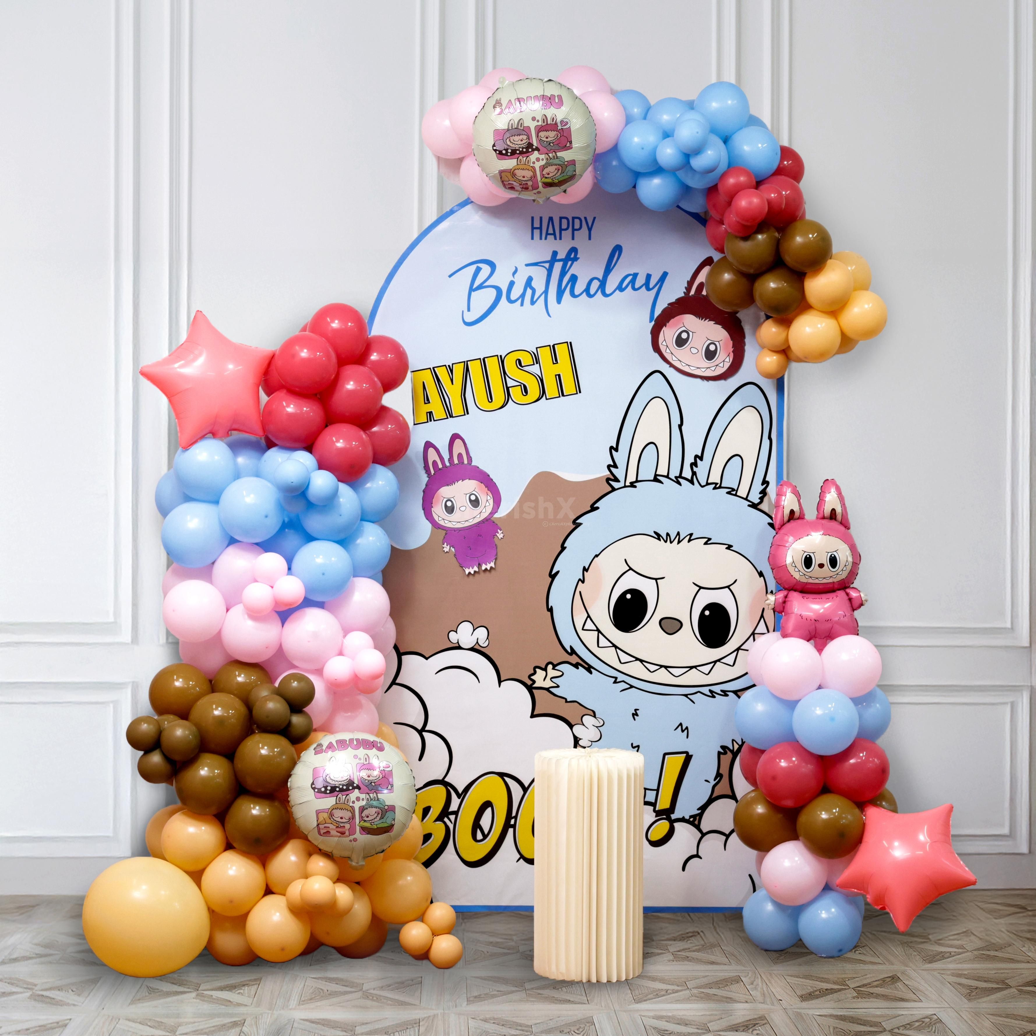 Balloons arc around Flex and Labubu is an ultimate birthday party combo