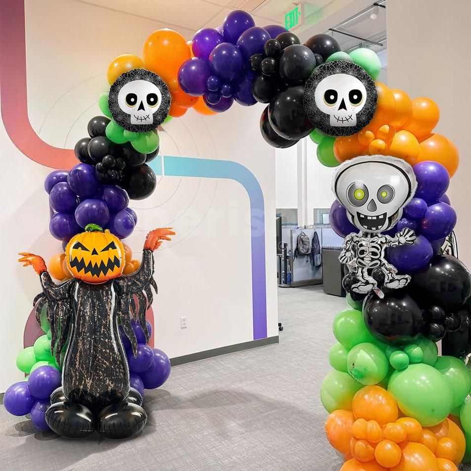 Greet guests with a Halloween balloon entrance arch that is bright and spooky.