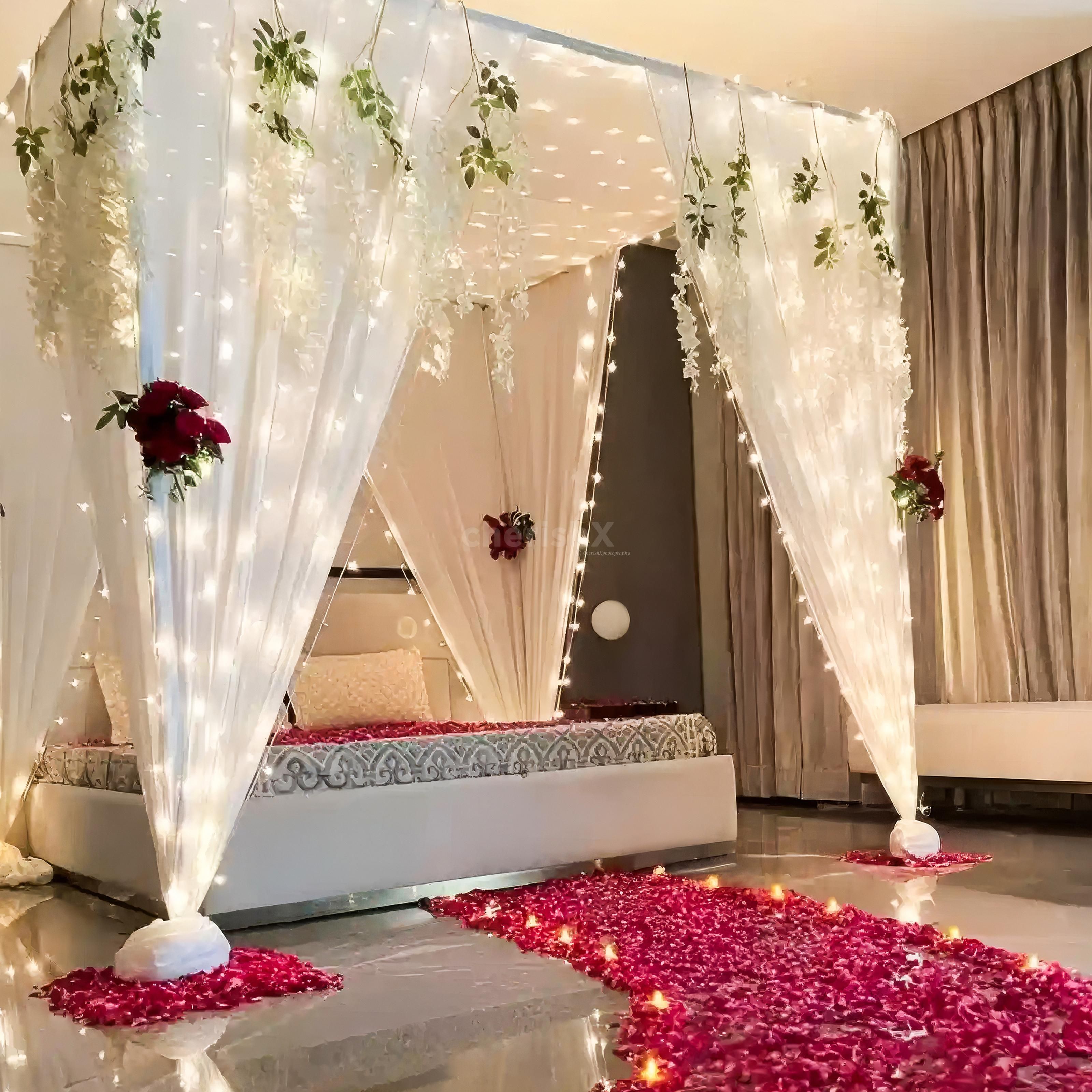 White Wisteria hanging on the white fabric creates a heavenly, romantic room decor