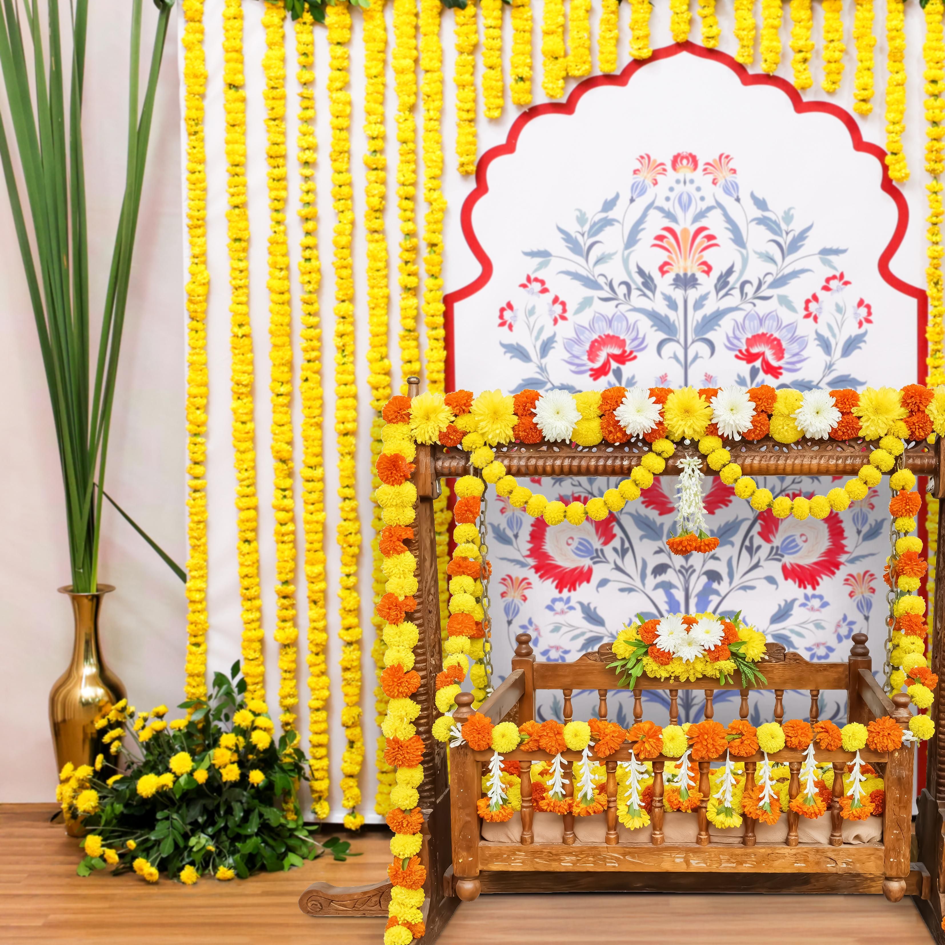 Bouquet of mixed leaves and marigold flowers touches souls