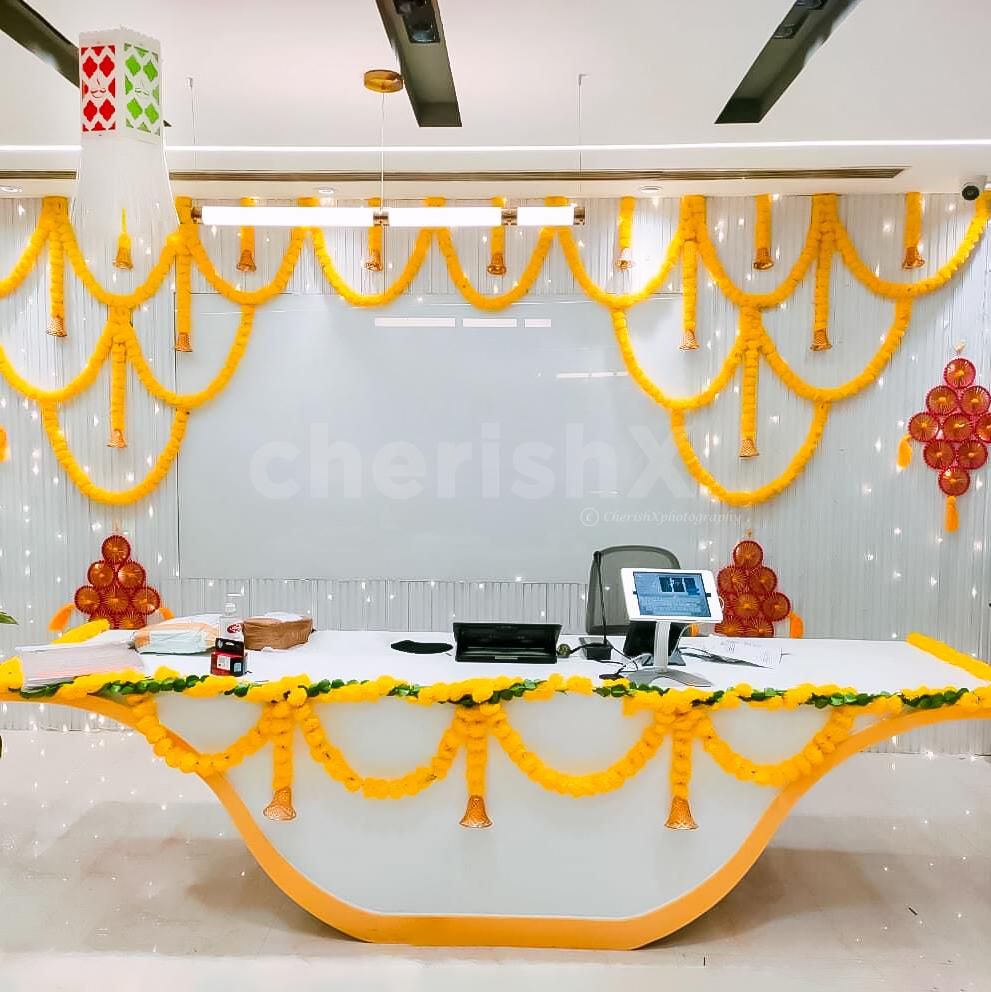 Pixel lights and golden bells add a dynamic glow throughout the workspace.