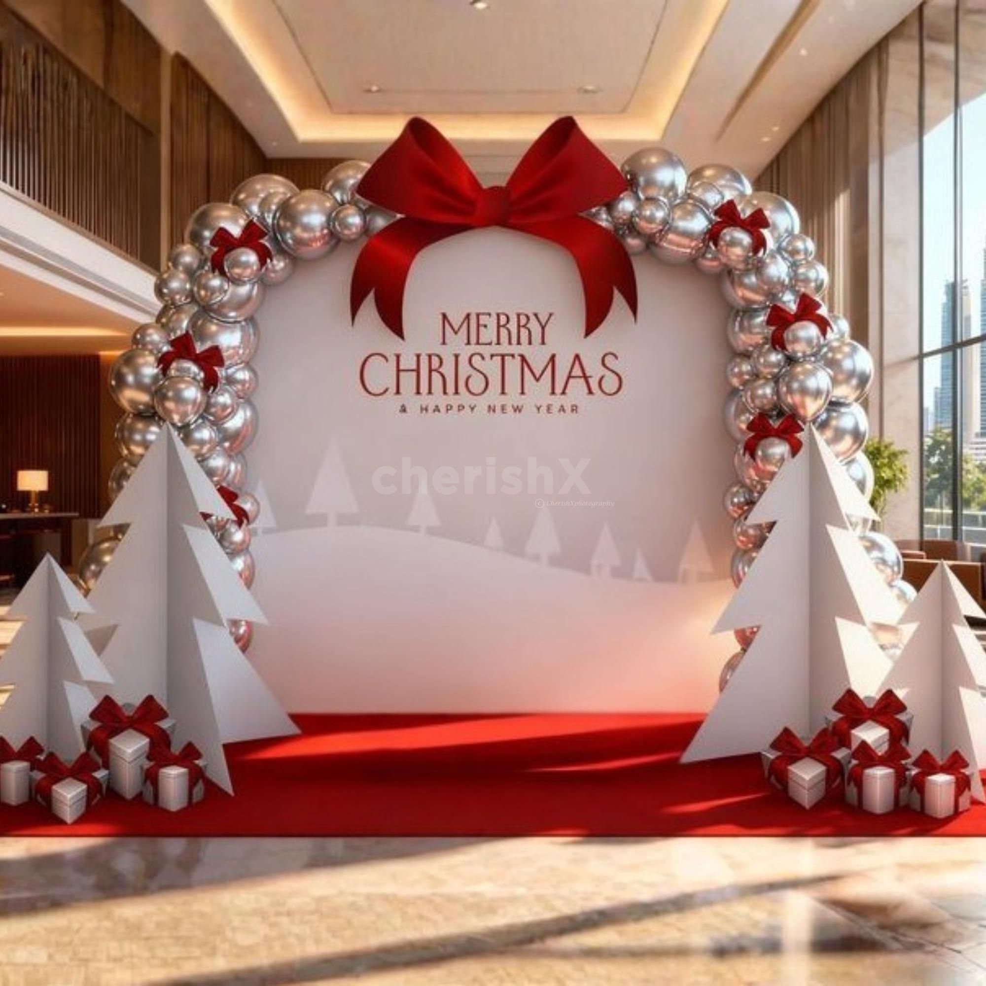Sunboard Christmas trees and gift cutouts add depth to the backdrop decoration