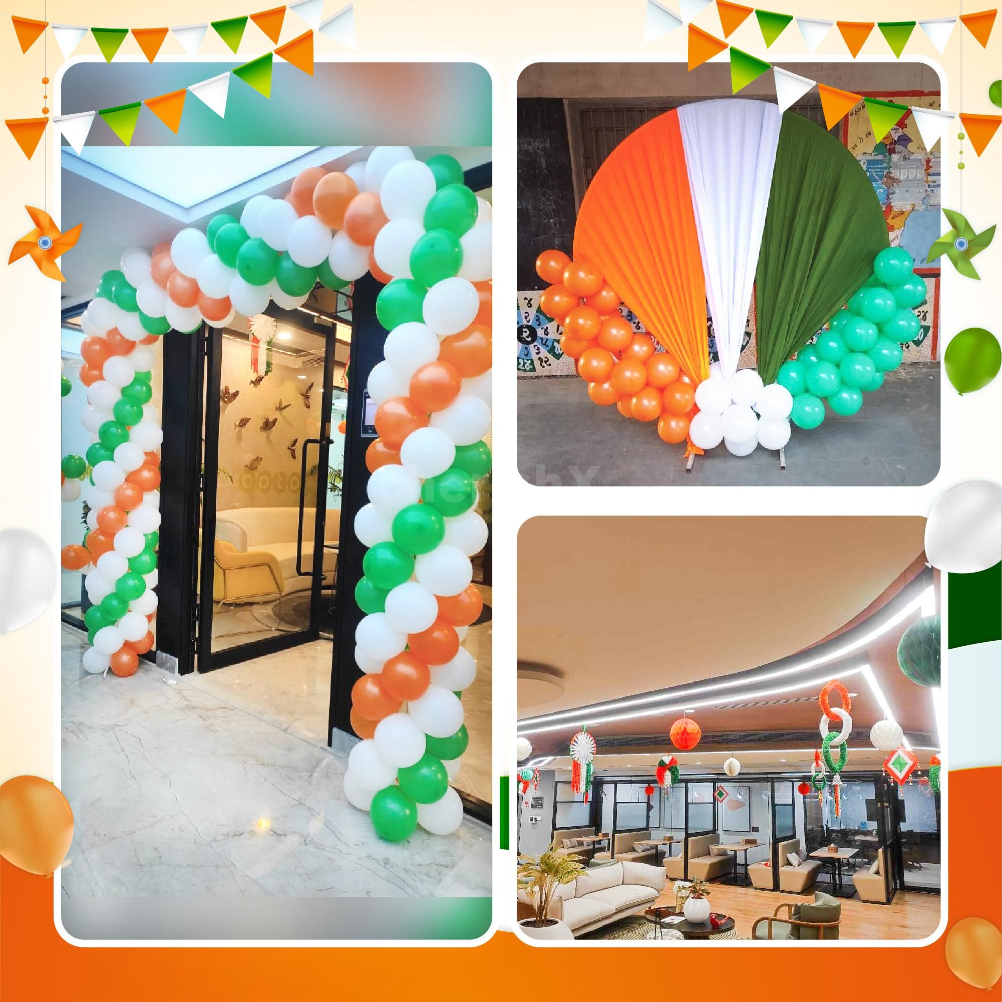 The entrance arch created with latex balloons in tricolour makes the space interactive