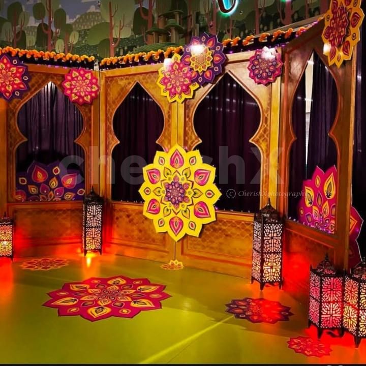 Bright drapes and motifs create a joyful Diwali backdrop that mesmerizes.