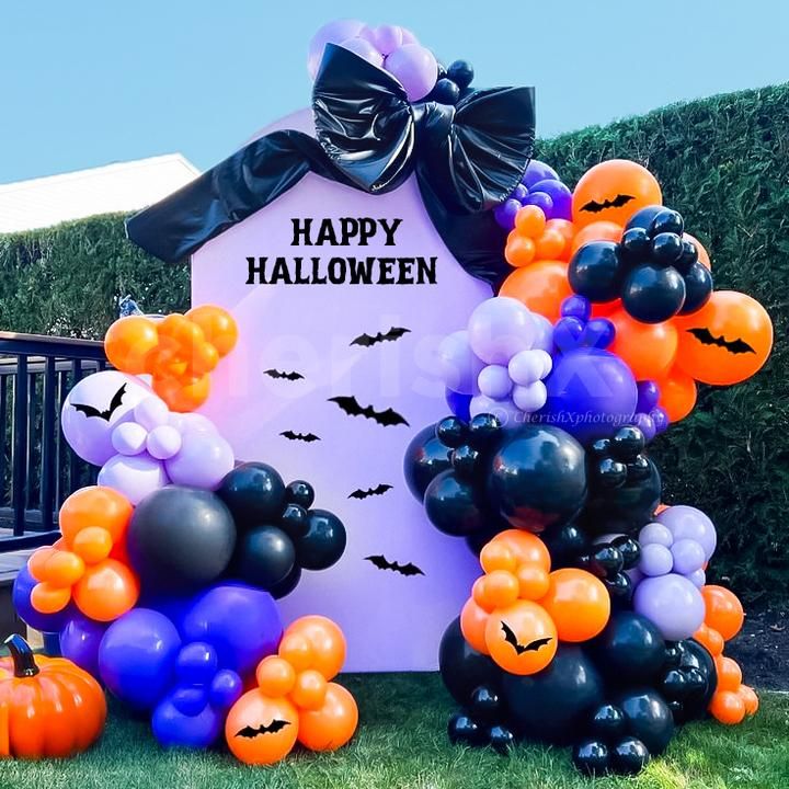 The balloon colors pop with festive energy and spooky style.