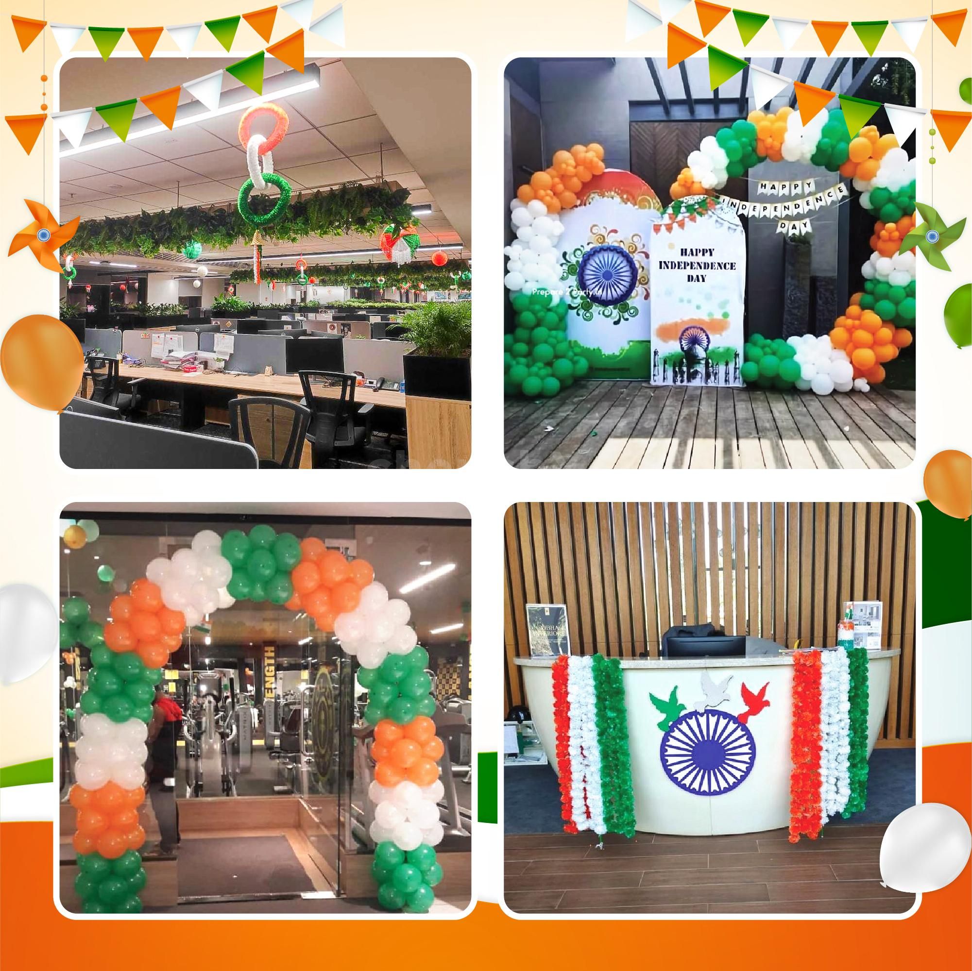 Ceiling with paper kites, tricolour buntings and hangings creates a symphony of colors