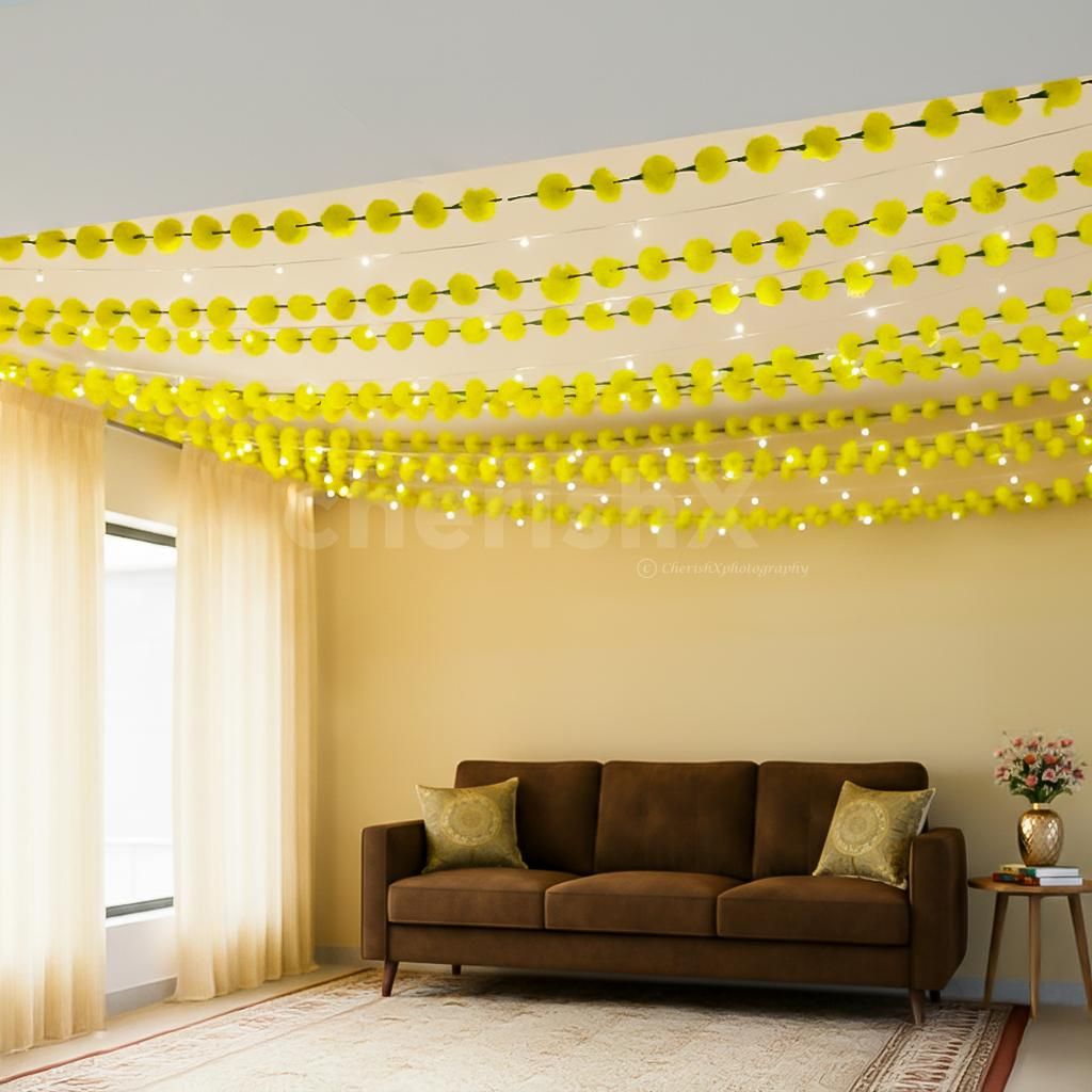 The ceiling shines bright with garlands and twinkling pixel lights for events.