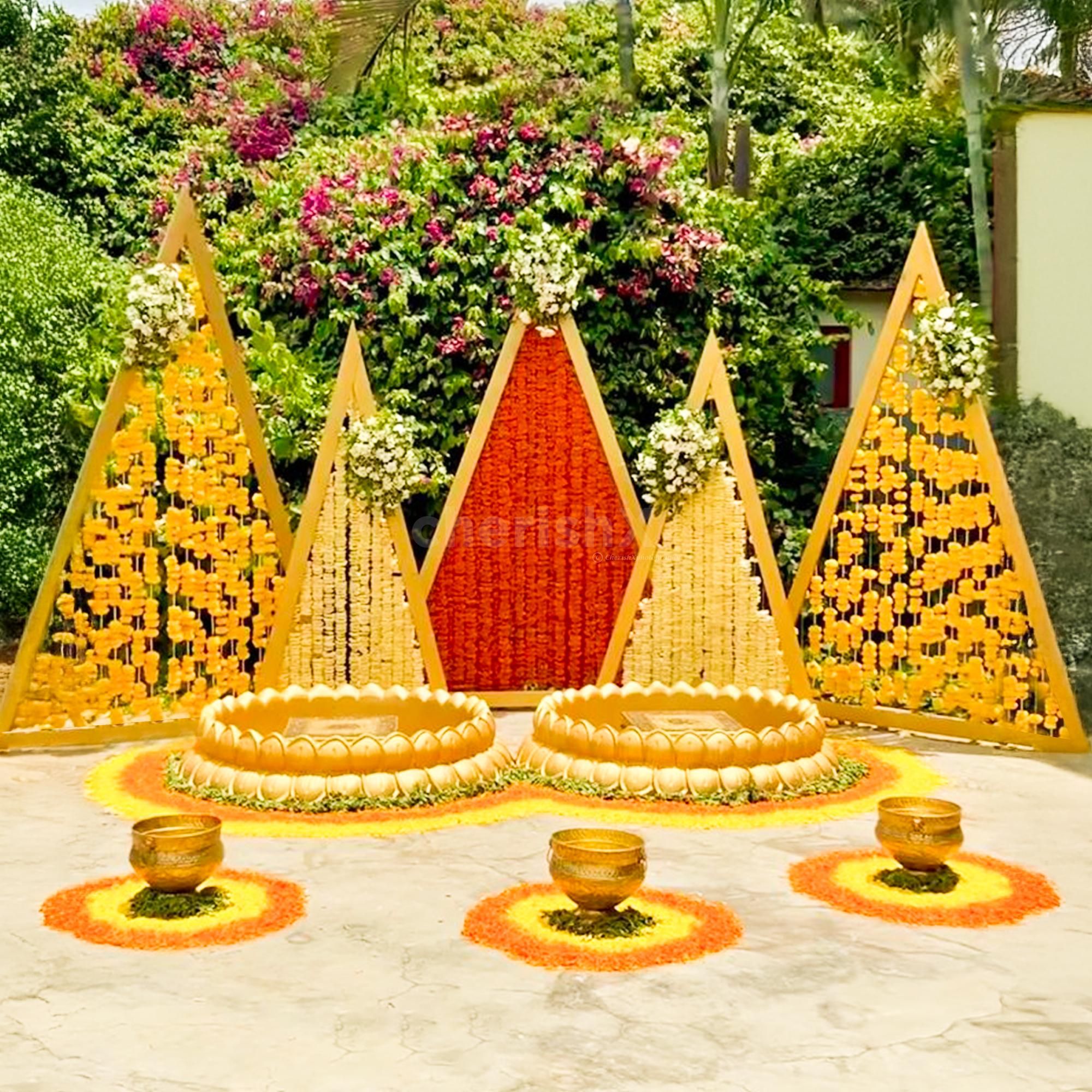 Stunning triangle architecture graced with bright golden flowers.