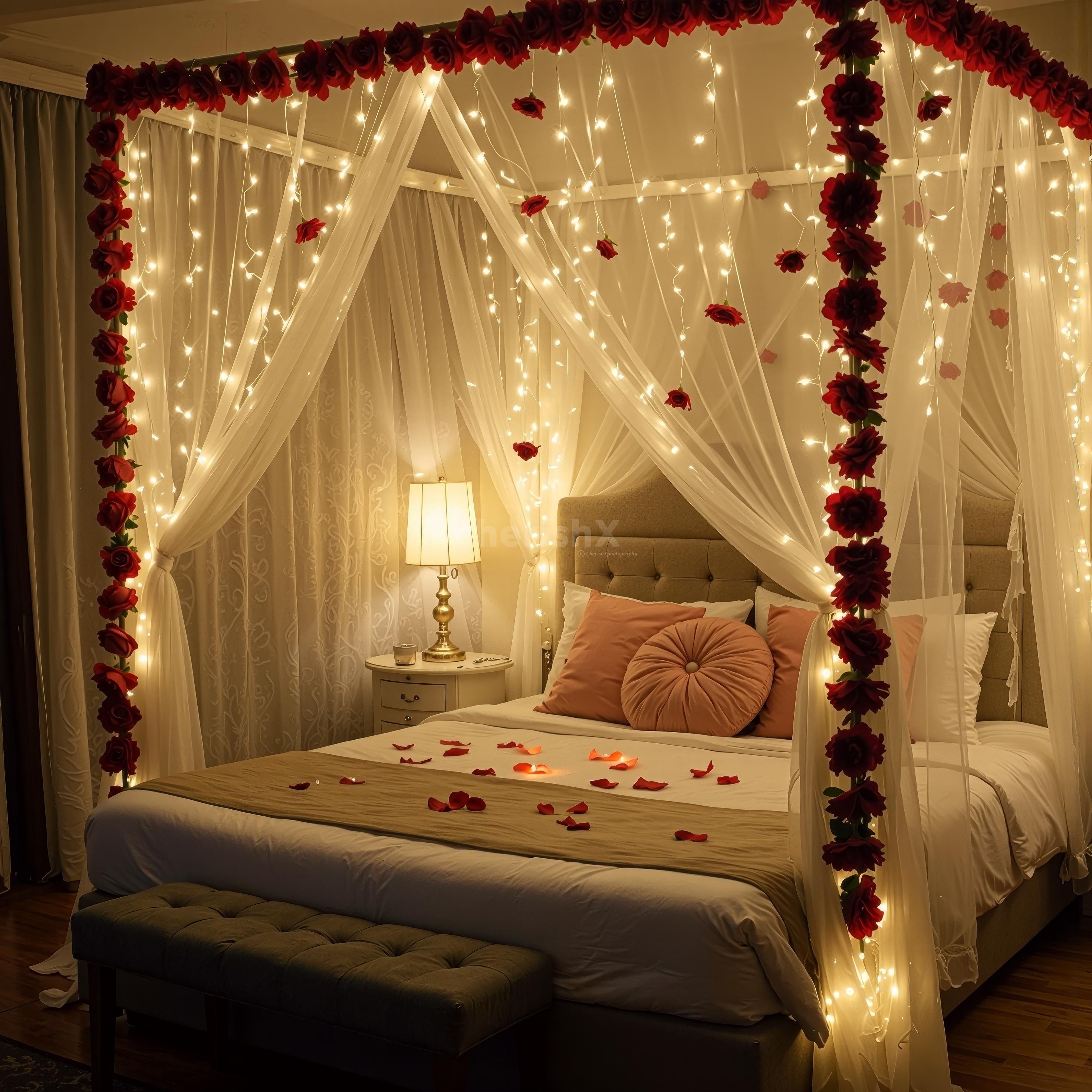 White fairy lights and net fabric transform the room into a cloud-like haven for the first night experience